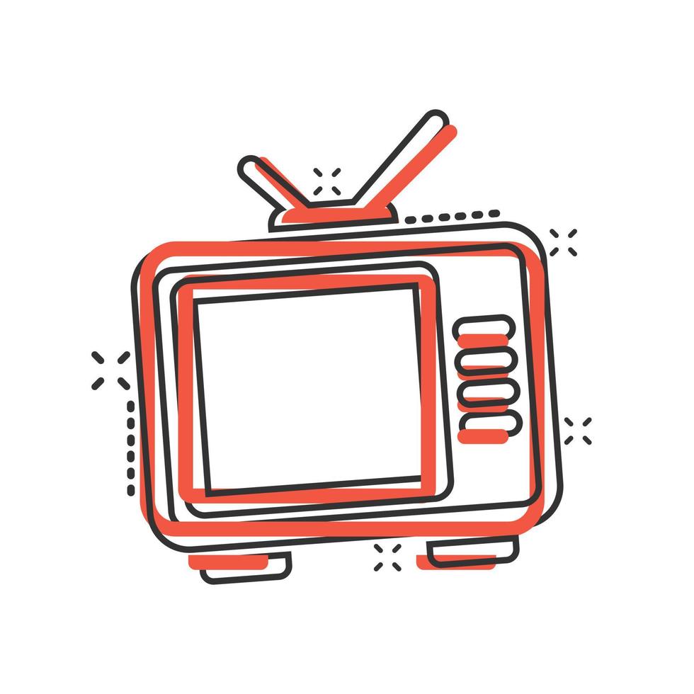 ícone da tv em estilo cômico. ilustração em vetor sinal de desenho animado de televisão em fundo branco isolado. conceito de negócio de efeito de respingo de canal de vídeo.