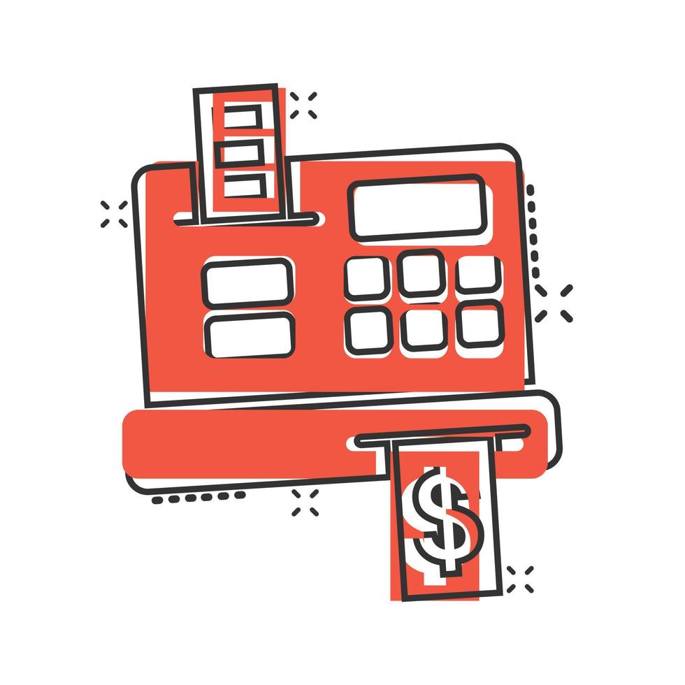 ícone de caixa registradora em estilo cômico. verifique a ilustração em vetor máquina dos desenhos animados no fundo branco isolado. conceito de negócio de efeito de respingo de pagamento.