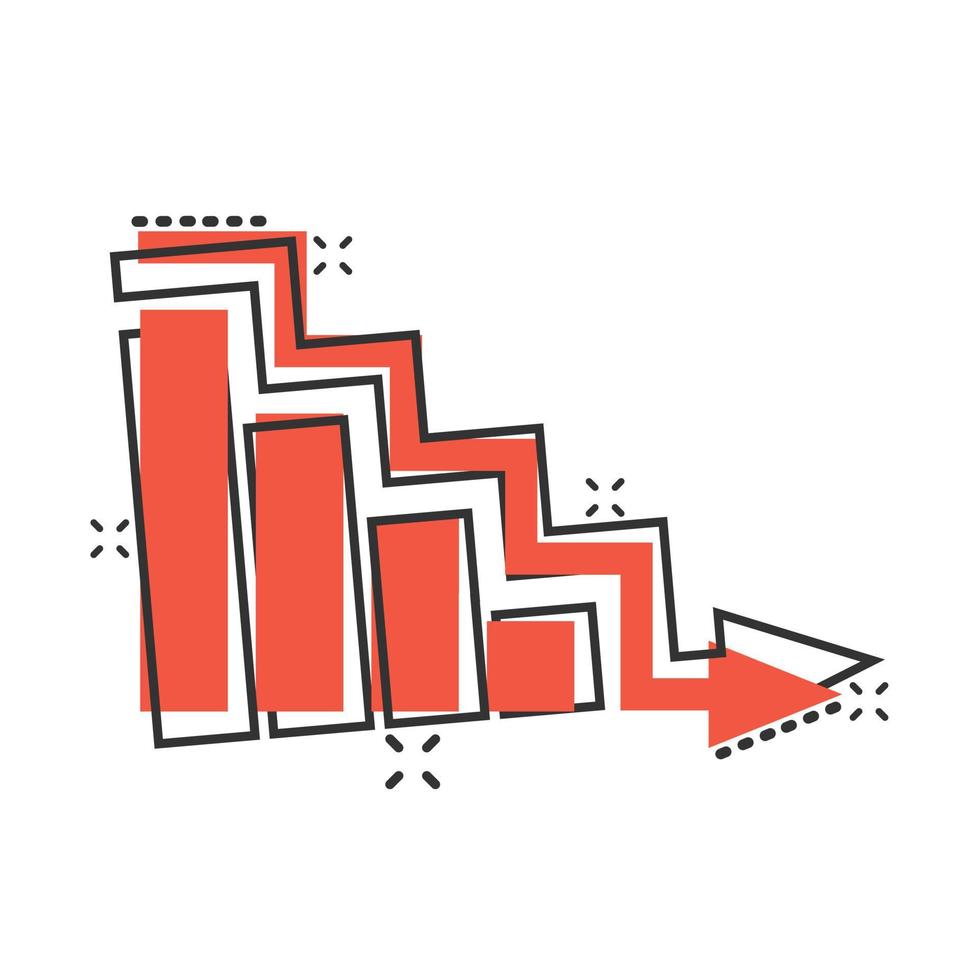 ícone de tendência de mercado em estilo cômico. seta de declínio com ilustração em vetor lupa dos desenhos animados no fundo branco isolado. diminuir o conceito de negócio de efeito de respingo.