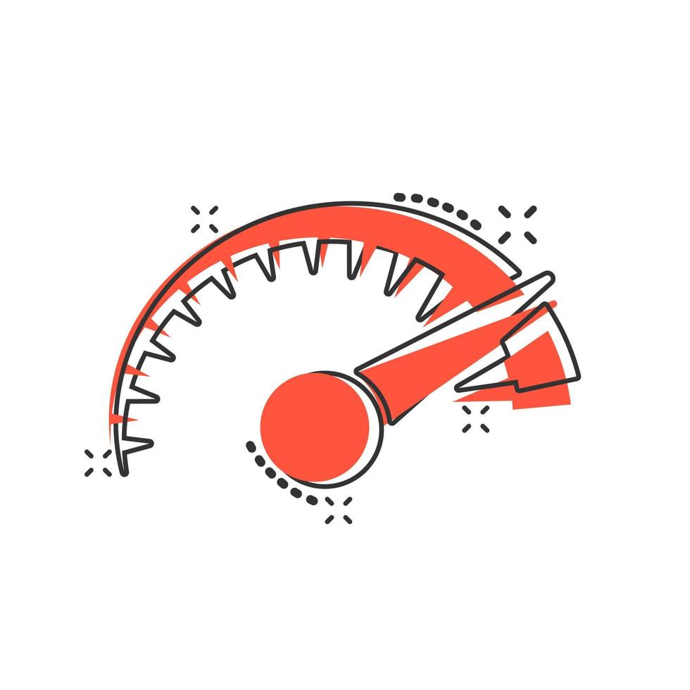 ícone de sinal de nível do velocímetro em estilo cômico. acelere a ilustração dos desenhos animados do vetor no fundo branco isolado. efeito de respingo de conceito de negócio de tacômetro de movimento.