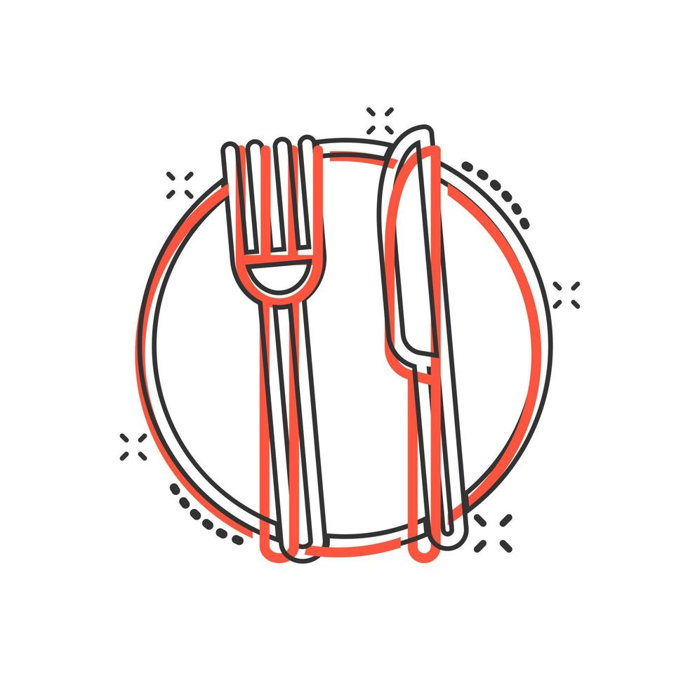 garfo, faca e prato ícone dentro quadrinho estilo. restaurante vetor desenho animado ilustração em branco isolado fundo. jantar o negócio conceito respingo efeito.