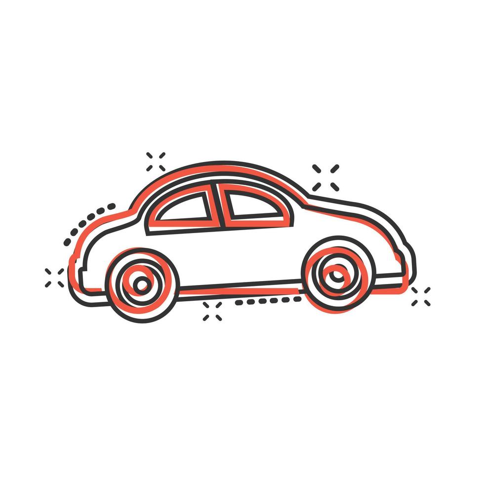 ícone do carro em estilo cômico. ilustração em vetor automóvel veículo dos desenhos animados no fundo branco isolado. conceito de negócio de efeito de respingo de sedan.