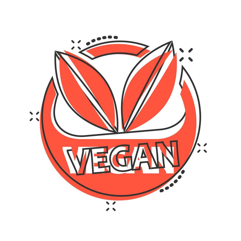 ícone de distintivo de rótulo vegano de desenho vetorial em estilo cômico. pictograma de ilustração de conceito de carimbo vegetariano. conceito de efeito de respingo de negócios de alimentos naturais ecológicos. vetor