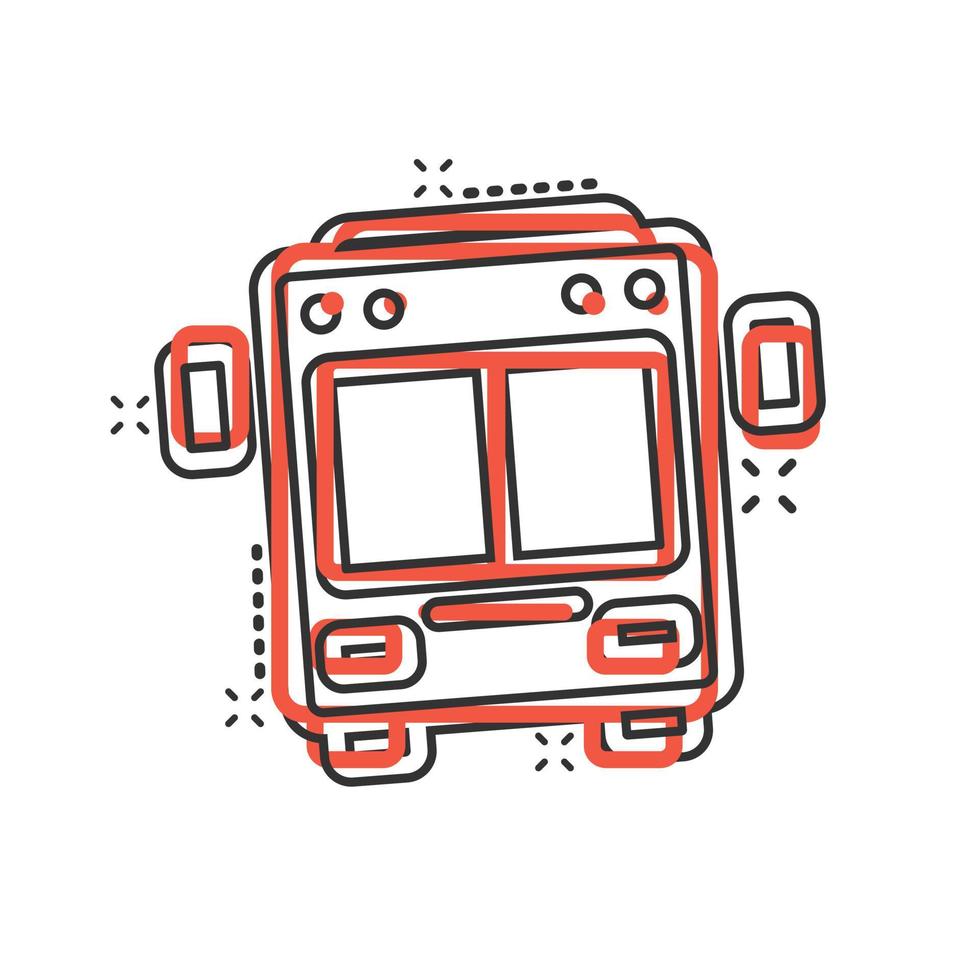 ícone de ônibus em estilo cômico. ilustração em vetor ônibus carro dos desenhos animados no fundo branco isolado. conceito de negócio de efeito de respingo de autobus.