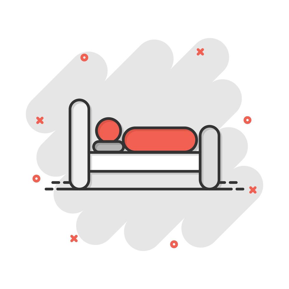 ícone de cama em estilo cômico. pictograma de ilustração vetorial dos desenhos animados do quarto do sono. relaxe o efeito de respingo do conceito de negócios do sofá. vetor