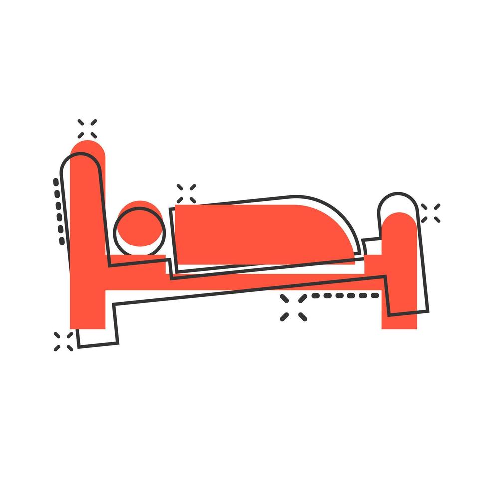 ícone de cama em estilo cômico. pictograma de ilustração vetorial dos desenhos animados do quarto do sono. relaxe o efeito de respingo do conceito de negócios do sofá. vetor