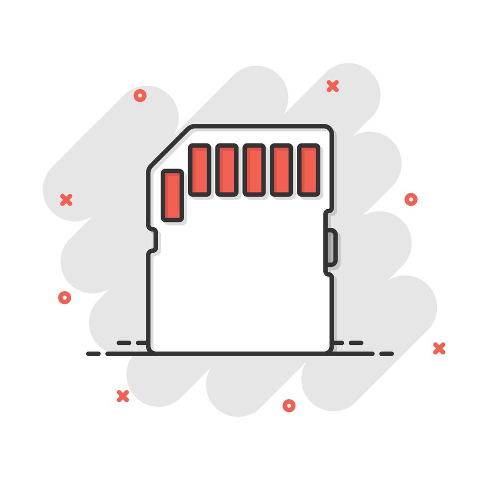 ícone do cartão micro SD em estilo cômico. ilustração em vetor desenho animado de chip de memória em fundo branco isolado. efeito de respingo de conceito de negócio de adaptador de armazenamento.