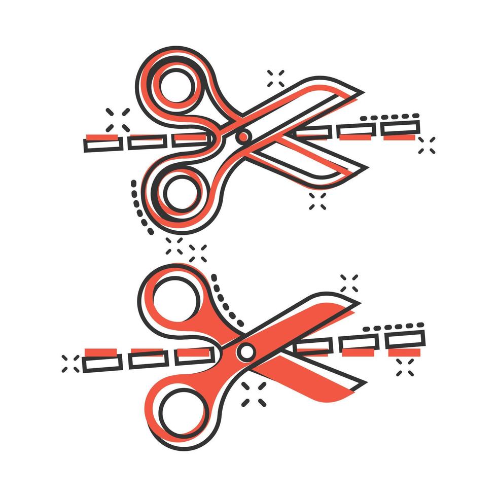 tesoura com ícone de linha de corte em estilo cômico. corte a ilustração em vetor desenho animado equipamento no fundo branco isolado. conceito de negócio de efeito de respingo de cortador.