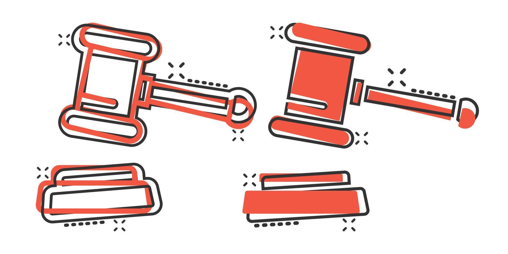 ícone de martelo de leilão em estilo cômico. tribunal sinal dos desenhos animados ilustração vetorial no fundo branco isolado. conceito de negócio de efeito de respingo de tribunal. vetor