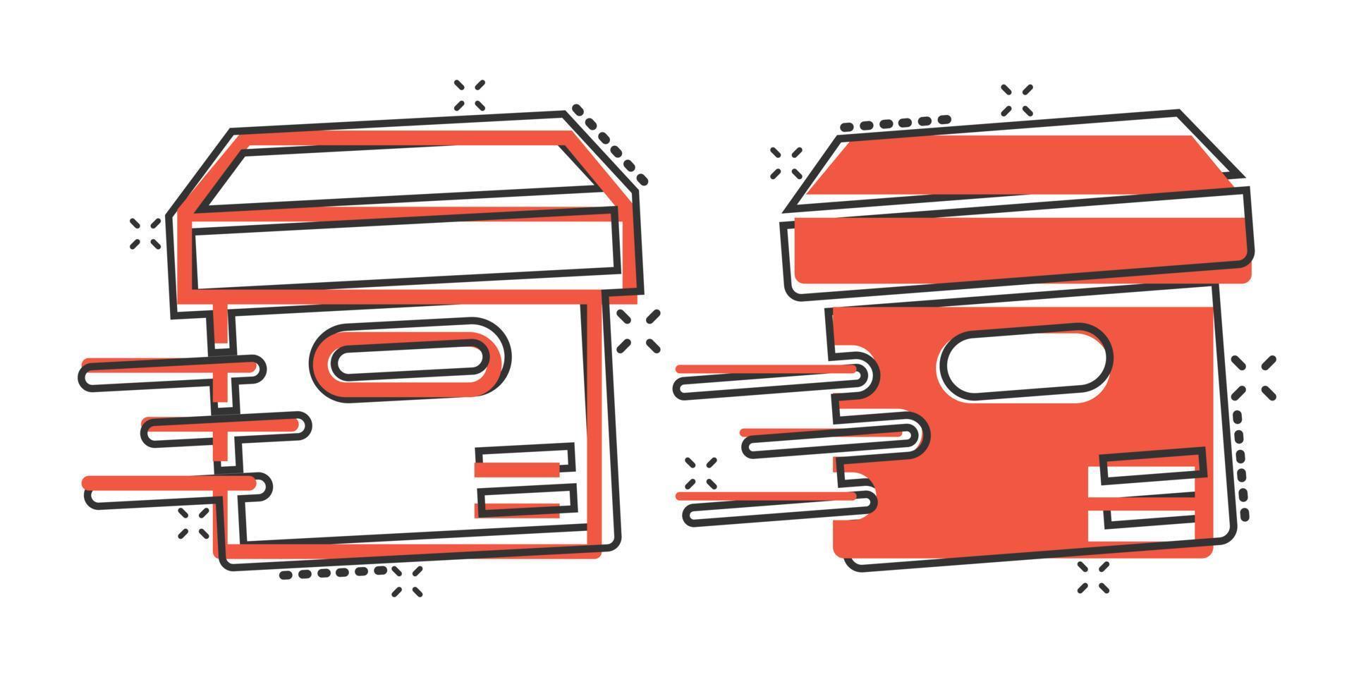 ícone da caixa de transporte em estilo cômico. ilustração em vetor recipiente dos desenhos animados no fundo branco isolado. conceito de negócio de efeito de respingo de pacote de papelão.