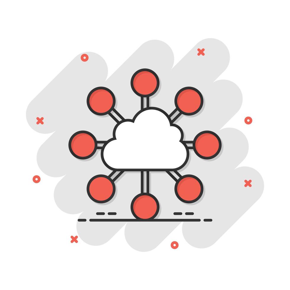 vetor ícone da tecnologia de computação em nuvem dos desenhos animados em estilo cômico. pictograma de ilustração de análise de infográfico. conceito de efeito de respingo de negócios de rede.