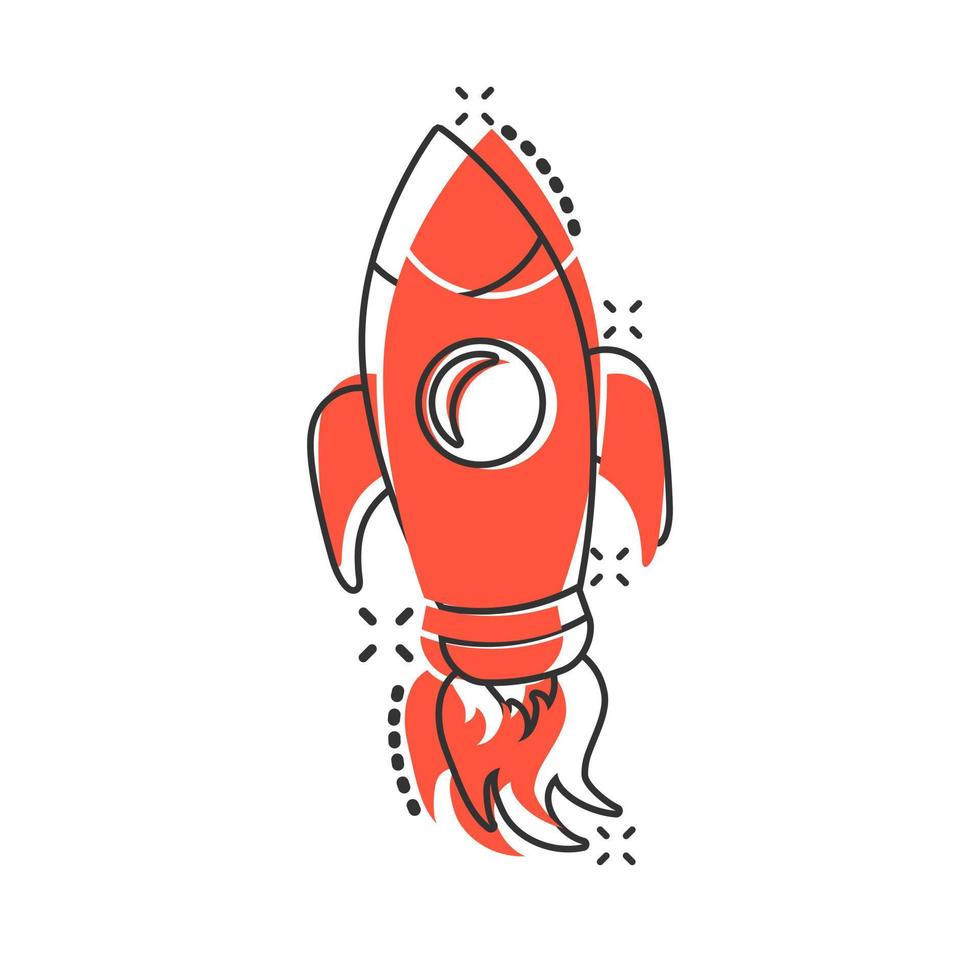ícone de nave espacial de foguete em estilo cômico. pictograma de ilustração de desenho vetorial de nave espacial. efeito de respingo de conceito de negócio de foguete. vetor