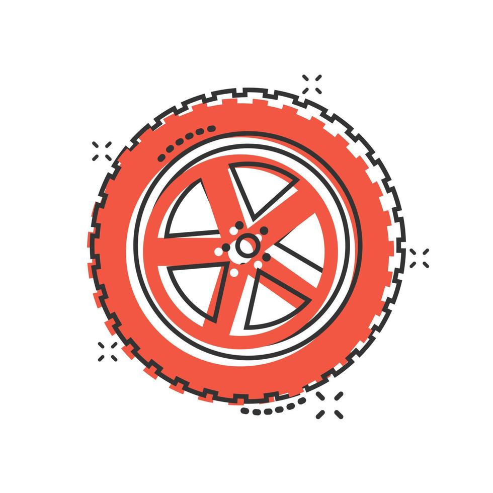 ícone de roda de carro em estilo cômico. ilustração em vetor parte dos desenhos animados do veículo no fundo branco isolado. conceito de negócio de efeito de respingo de pneu.