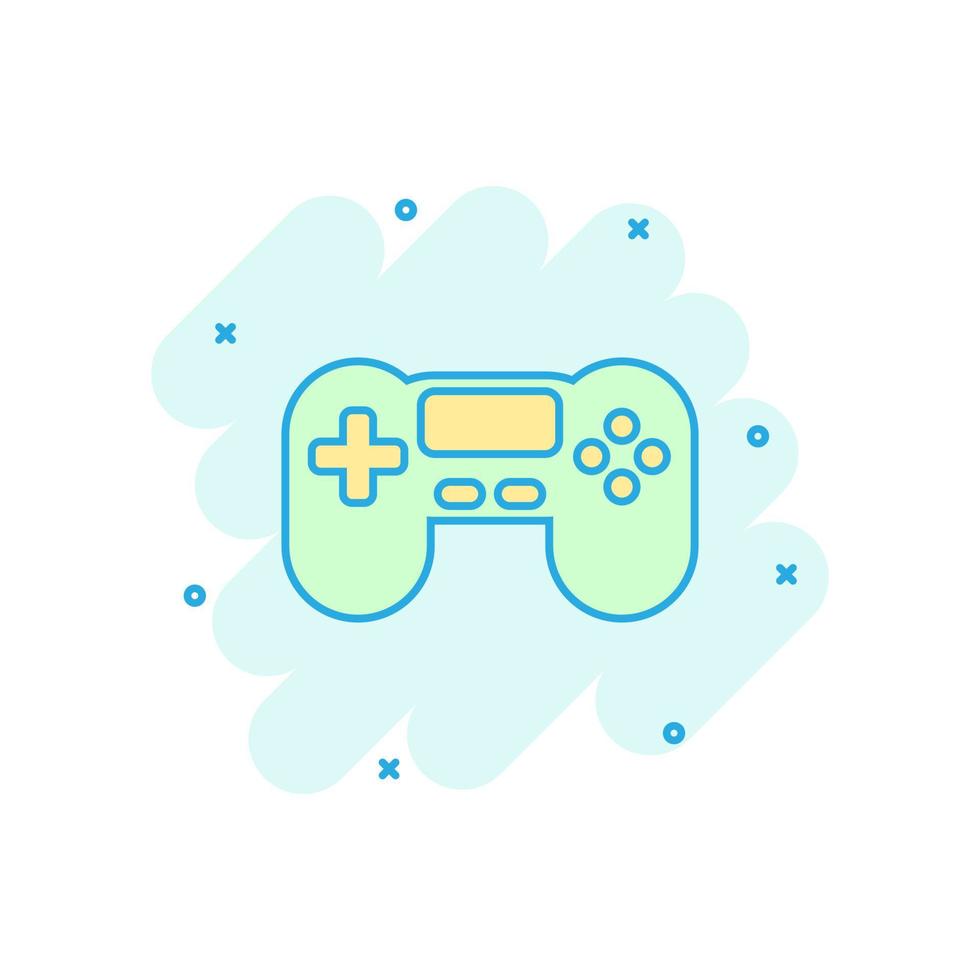 ícone de sinal de joystick em estilo cômico. gamepad vector cartoon ilustração sobre fundo branco isolado. efeito de respingo de conceito de negócio de controlador de console de jogos.