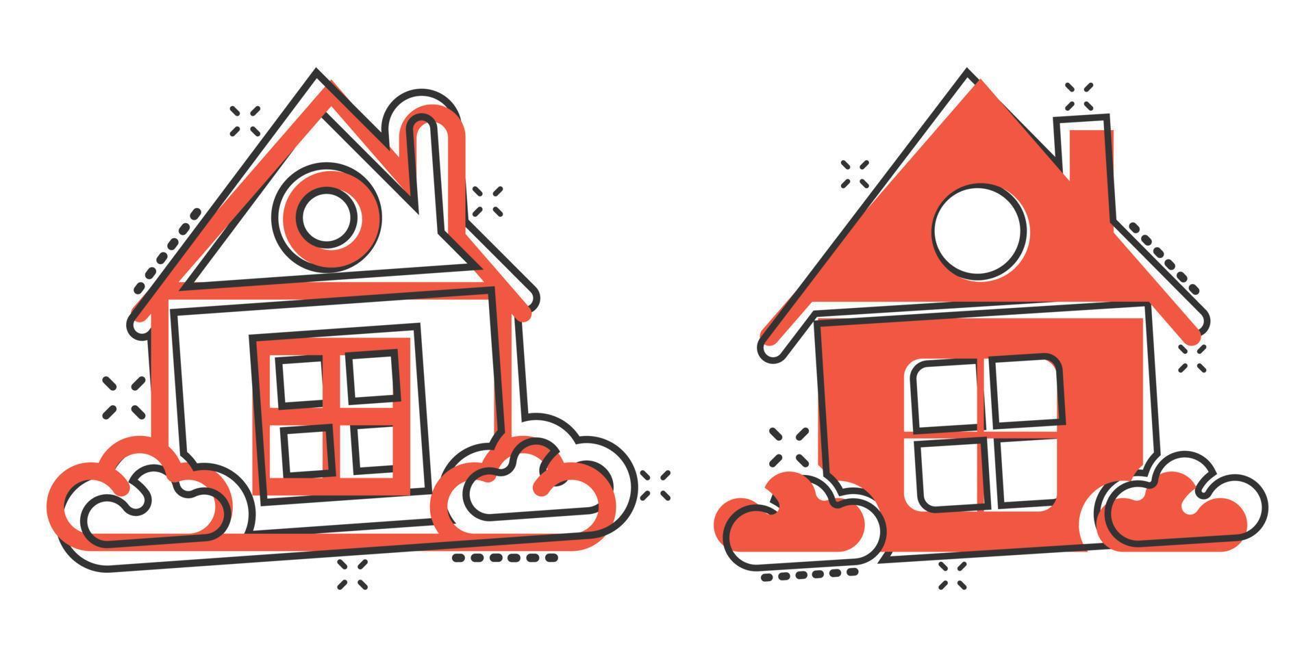 ícone de construção em estilo cômico. ilustração em vetor casa dos desenhos animados no fundo branco isolado. conceito de negócio de efeito de respingo de casa.