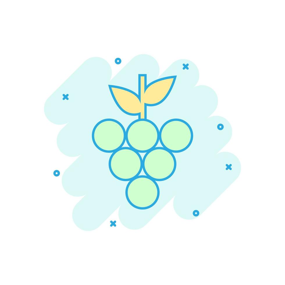 ícone de sinal de frutas de uva em estilo cômico. ilustração dos desenhos animados do vetor da videira no fundo branco isolado. efeito de respingo de conceito de negócio de uvas para vinho.