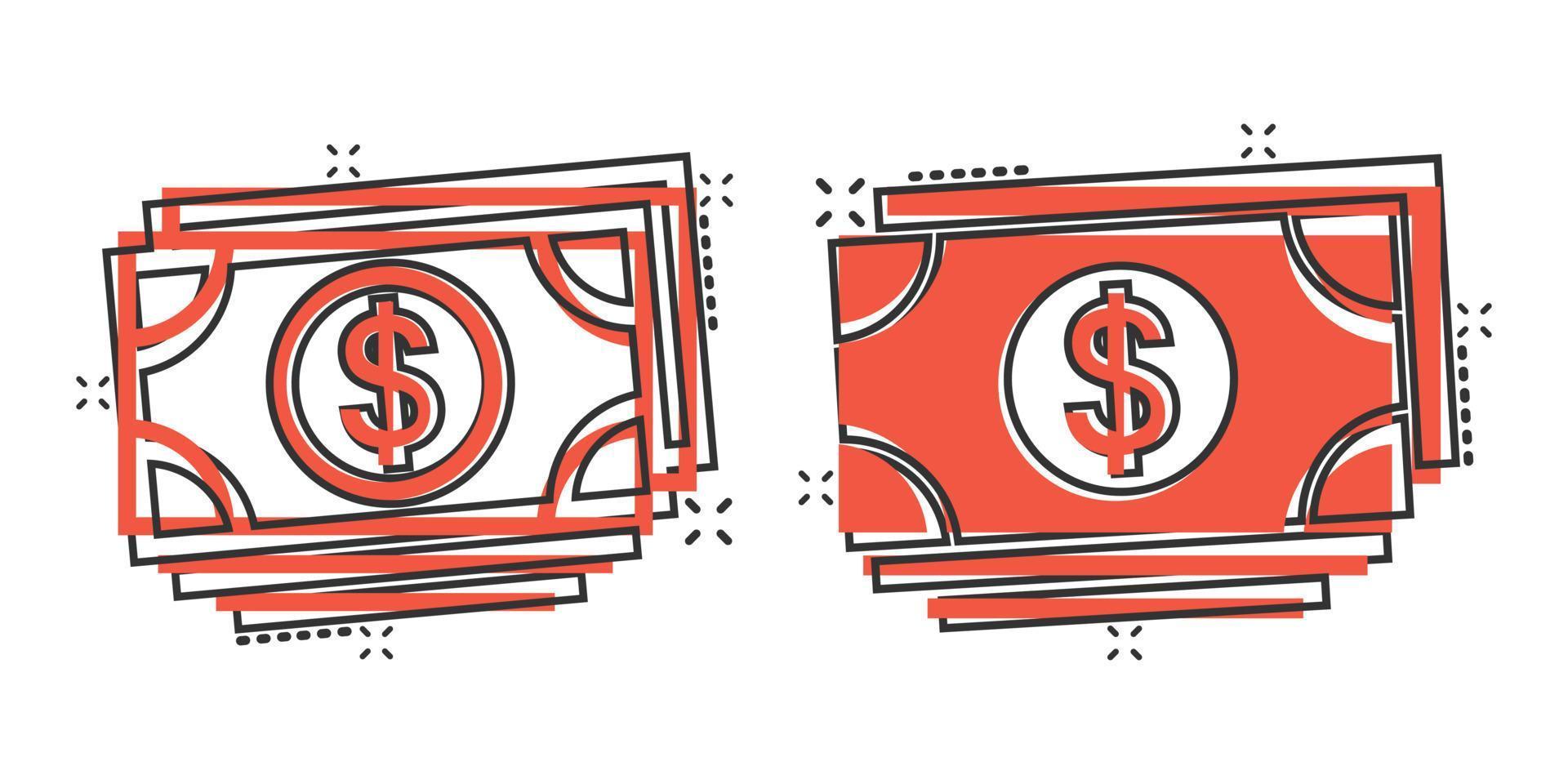 ícone de notas de moeda de dólar em estilo cômico. Dólar dinheiro ilustração vetorial dos desenhos animados no fundo branco isolado. conceito de negócio de efeito de respingo de conta de notas. vetor