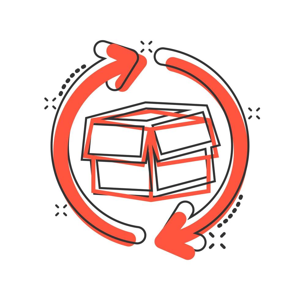 ícone de retorno do pacote de caixa de desenho vetorial em estilo cômico. caixa de entrega com pictograma de ilustração do conceito de seta. conceito de efeito de respingo de negócios de transporte de carga. vetor