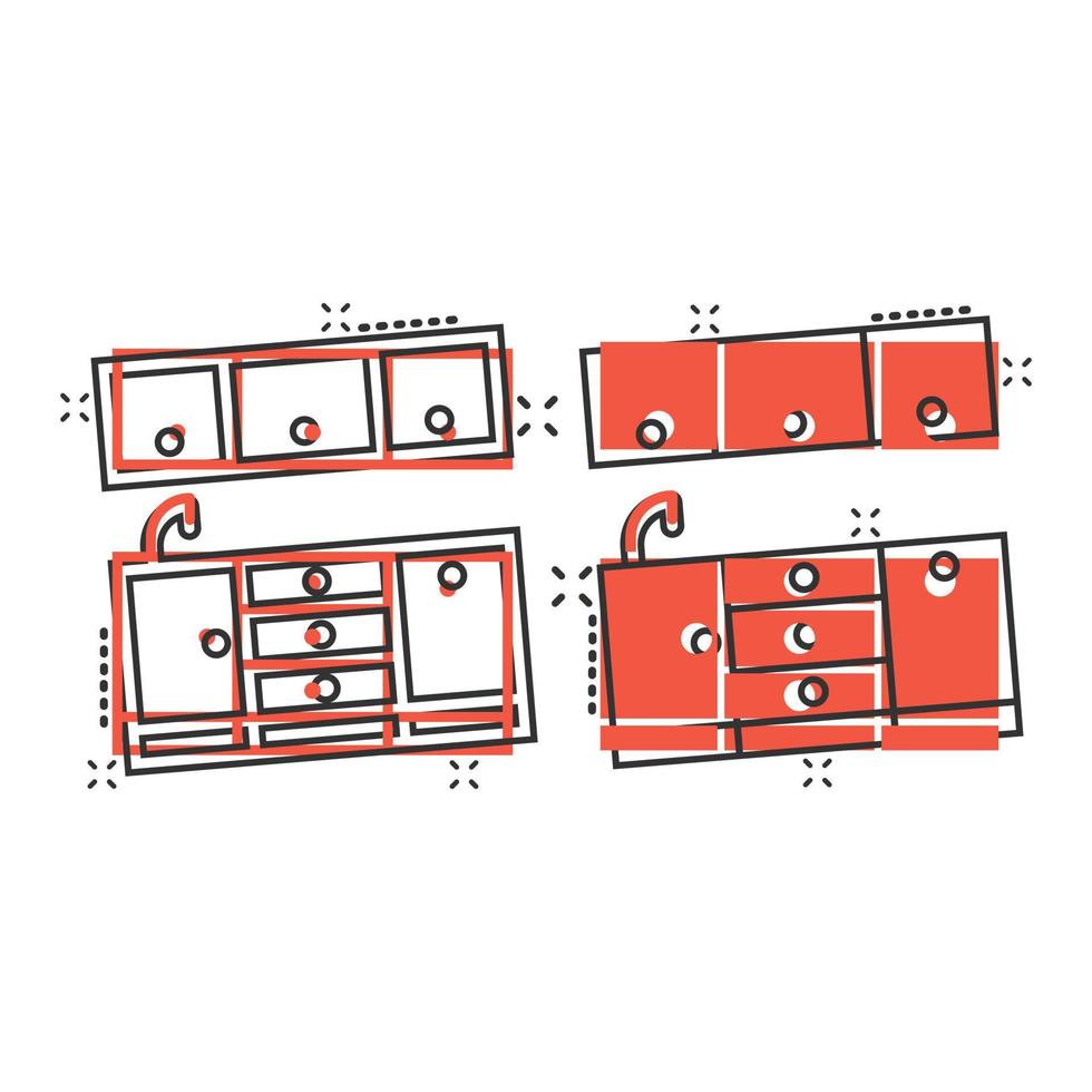 ícone de móveis de cozinha em estilo cômico. ilustração em vetor cozinha dos desenhos animados no fundo branco isolado. conceito de negócio de efeito de respingo de sala de cozinha.