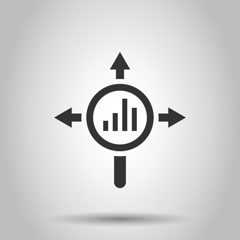 ícone de tendência de mercado em estilo simples. seta de crescimento com ilustração vetorial de lupa em fundo branco isolado. aumentar o conceito de negócio. vetor