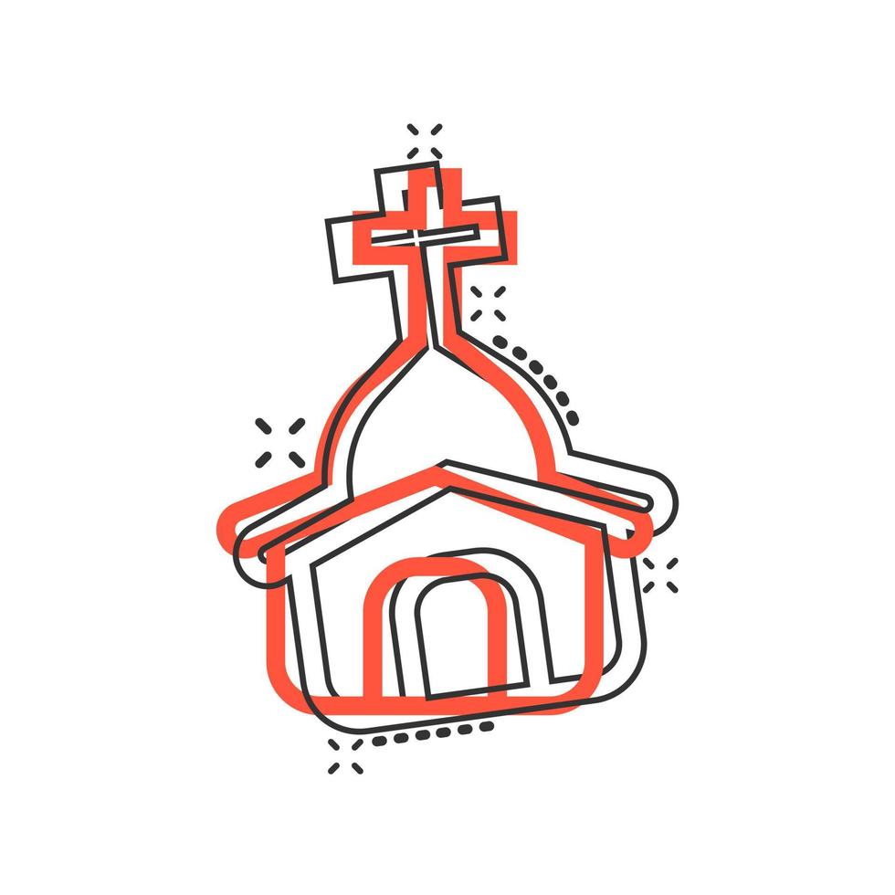 ícone da igreja em estilo cômico. capela ilustração dos desenhos animados vetor sobre fundo branco isolado. efeito de respingo de conceito de negócio de construção religiosa.