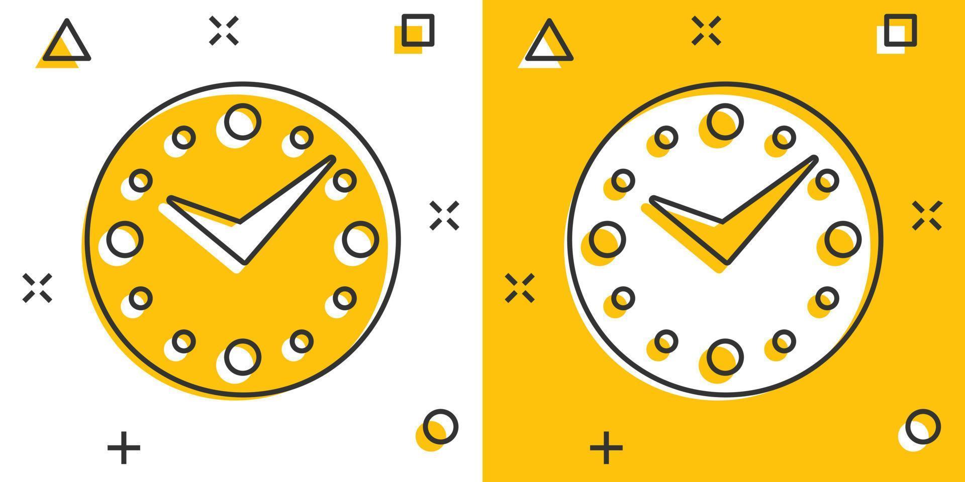 ícone de relógio em estilo cômico. assista a ilustração vetorial dos desenhos animados em fundo branco isolado. conceito de negócio de efeito de respingo de temporizador. vetor