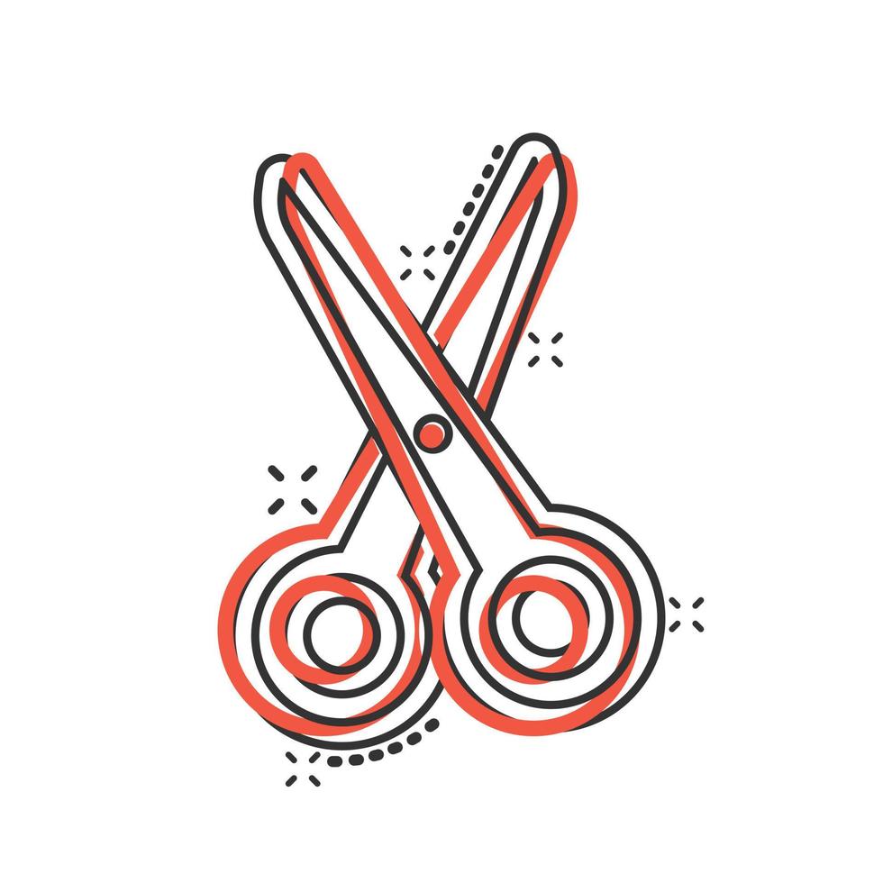 ícone de tesoura em estilo cômico. corte a ilustração em vetor desenho animado equipamento no fundo branco isolado. conceito de negócio de efeito de respingo de cortador.
