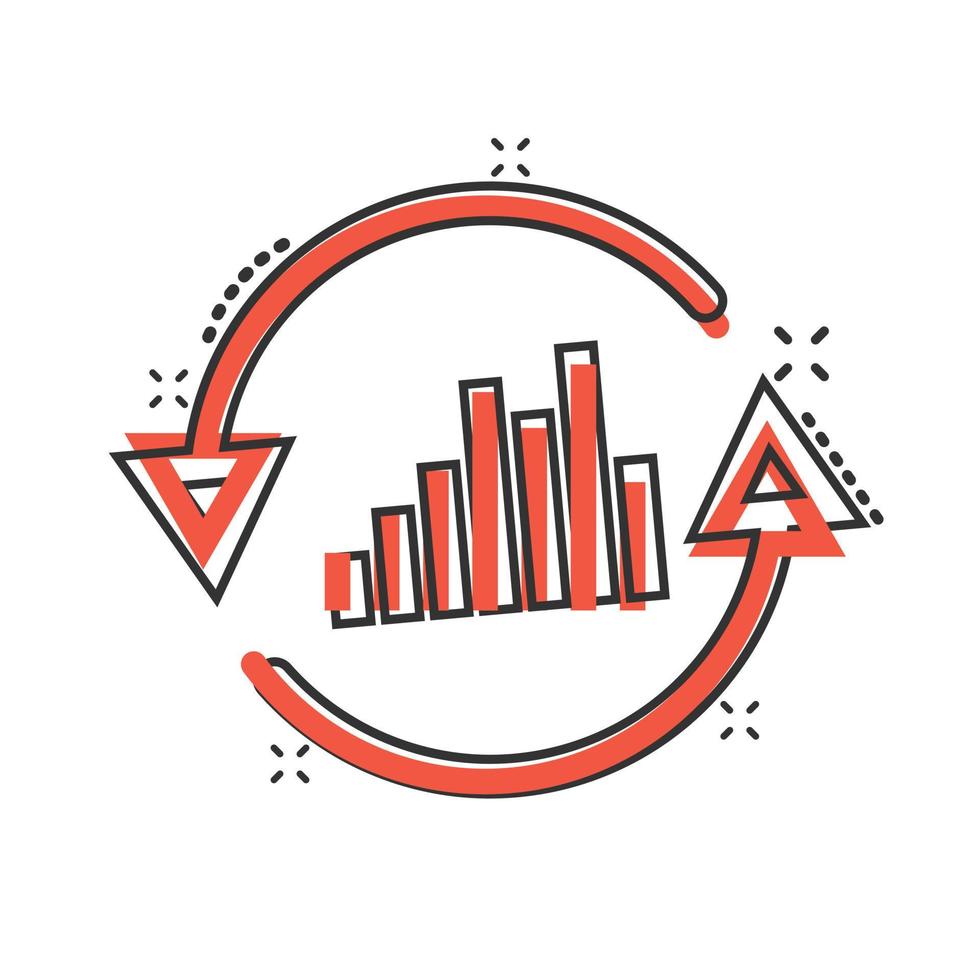 crescente ícone gráfico de barras em estilo cômico. aumentar a ilustração em vetor seta dos desenhos animados no fundo branco isolado. conceito de negócio de efeito de respingo de progresso infográfico.