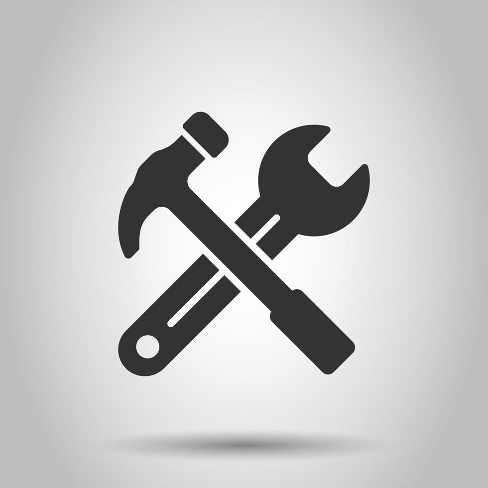 martelo com ícone de chave inglesa em estilo simples. ilustração em vetor instrumento de trabalho em fundo branco isolado. conceito de negócio de equipamentos de reparação.