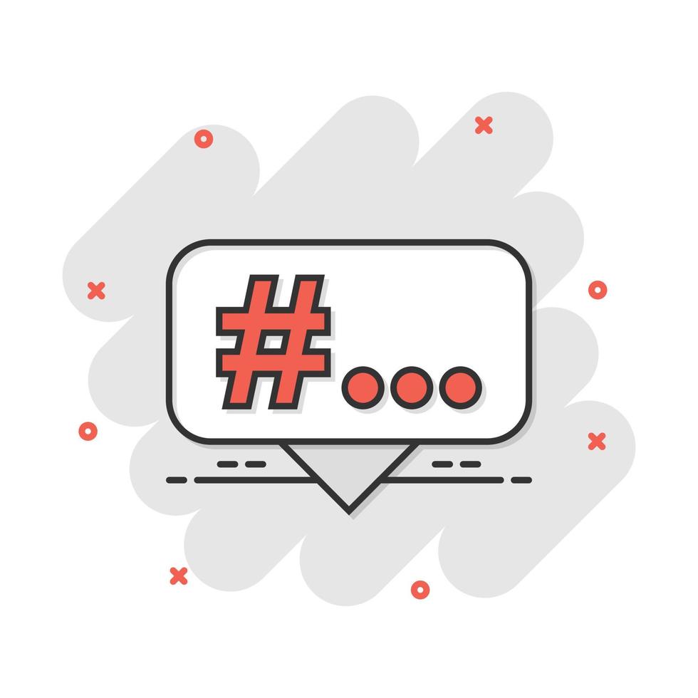 ícone de hashtag de desenho vetorial em estilo cômico. pictograma de ilustração de conceito de marketing de mídia social. conceito de efeito de respingo de negócios de rede hashtag. vetor