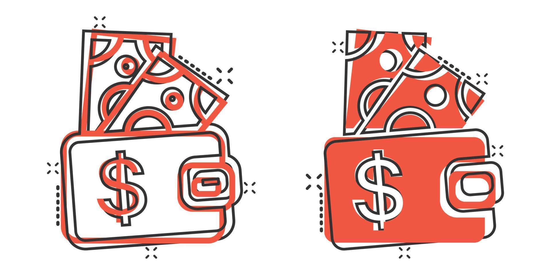 ícone de carteira em estilo cômico. ilustração em vetor bolsa dos desenhos animados no fundo branco isolado. conceito de negócio de efeito de respingo de bolsa de finanças.