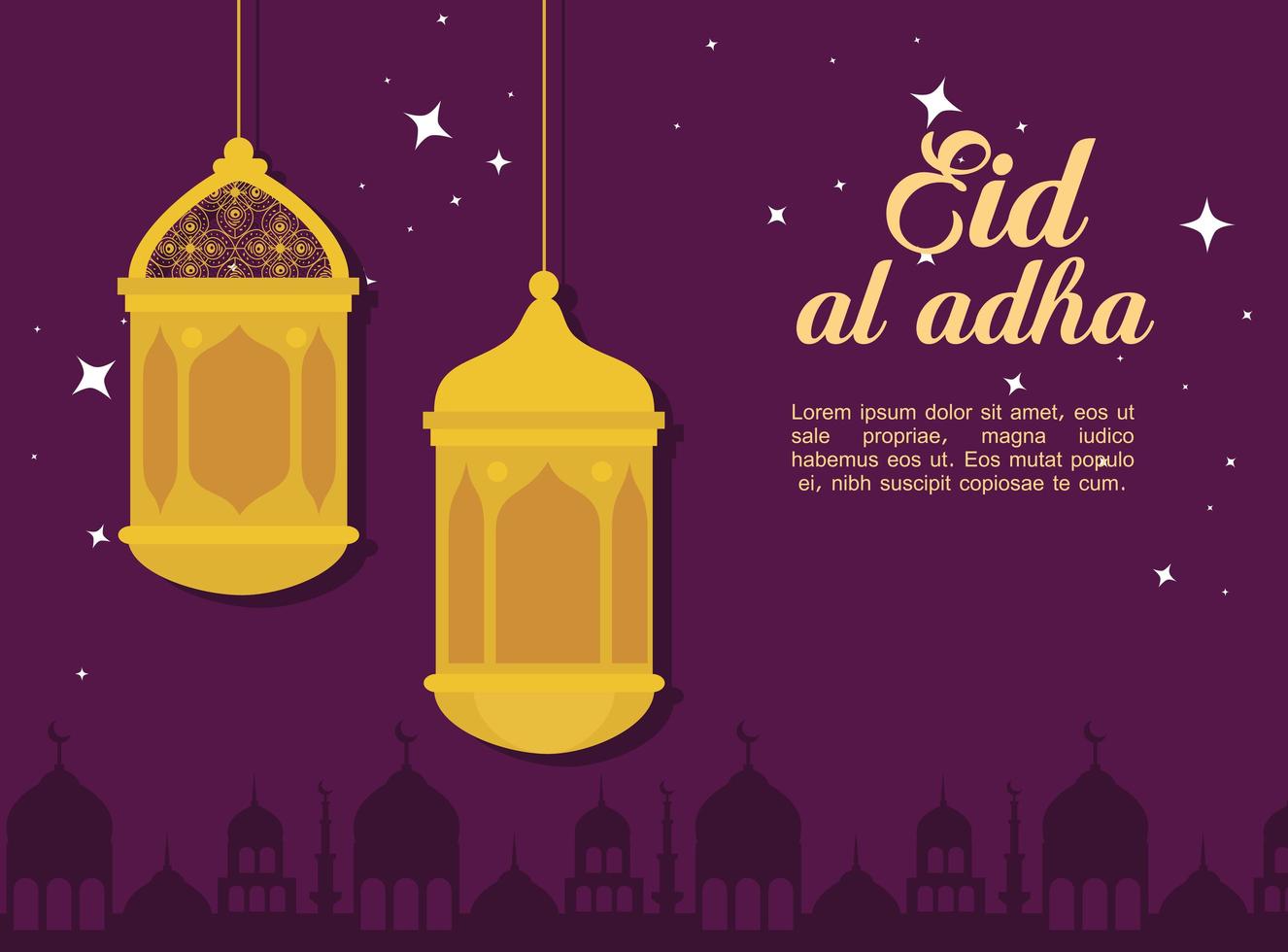 Celebração eid al adha mubarak com lanternas penduradas vetor