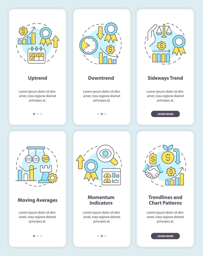 tipos do tendências onboarding Móvel aplicativo tela definir. negociação estratégias passo a passo 3 passos editável gráfico instruções com linear conceitos. interface do usuário, ux, gui modelo vetor