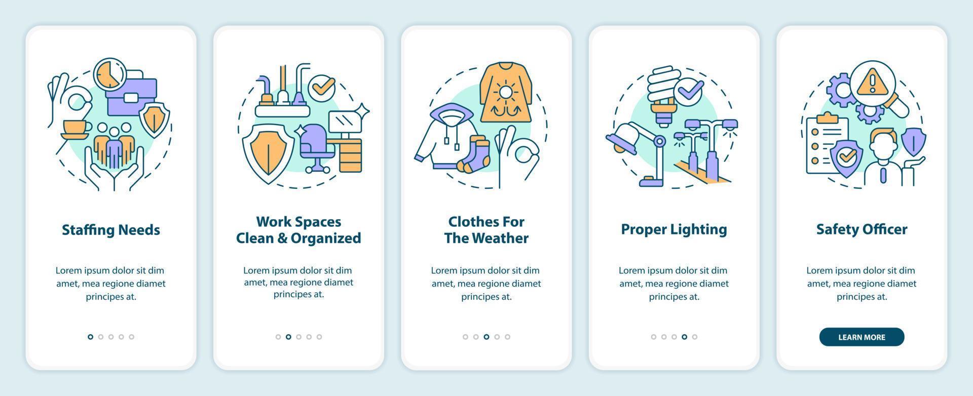 dicas para evitando local de trabalho lesões onboarding Móvel aplicativo tela. passo a passo 5 passos editável gráfico instruções com linear conceitos. interface do usuário, ux, gui modelo vetor