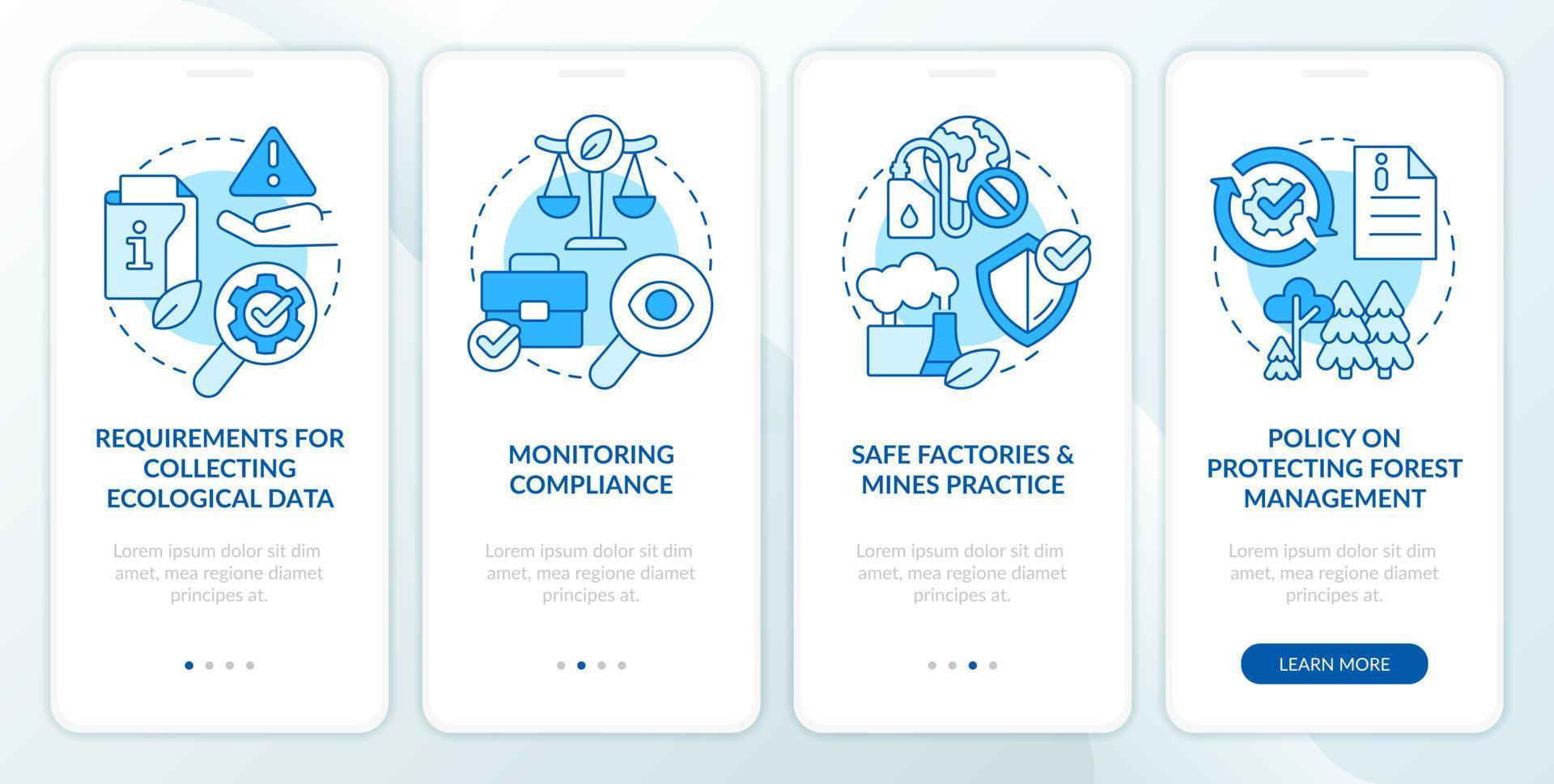 de Meio Ambiente lei regulamento azul onboarding Móvel aplicativo tela. passo a passo 4 passos editável gráfico instruções com linear conceitos. interface do usuário, ux, gui modelo vetor