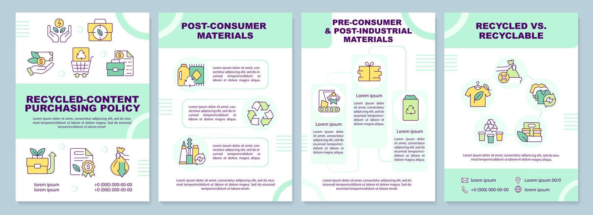 conteúdo reciclado compra política verde folheto modelo. folheto Projeto com linear ícones. editável 4 vetor layouts para apresentação, anual relatórios