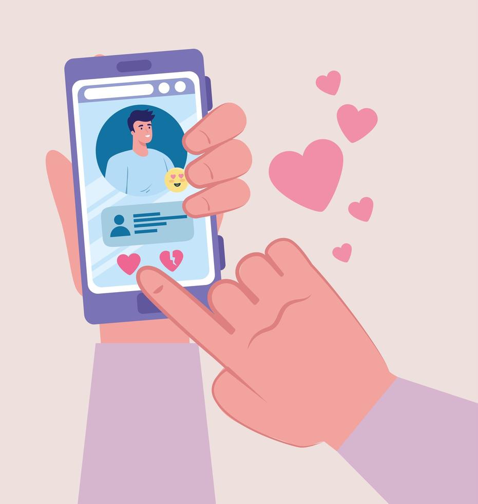 aplicativo de serviço de namoro online com as mãos segurando um smartphone vetor