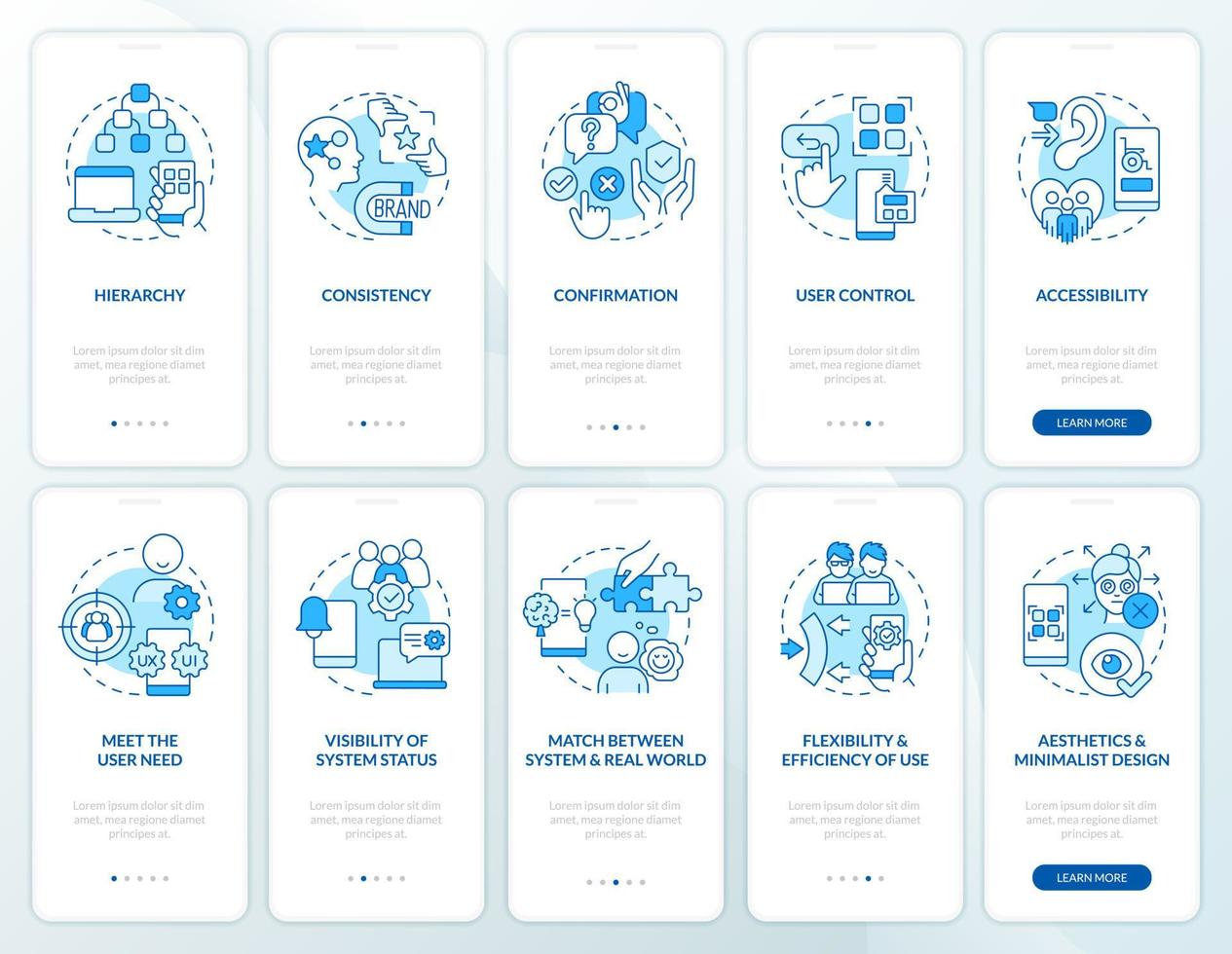 do utilizador experiência Projeto regras azul onboarding Móvel aplicativo tela definir. passo a passo 5 passos editável gráfico instruções com linear conceitos. interface do usuário, ux, gui modelo vetor