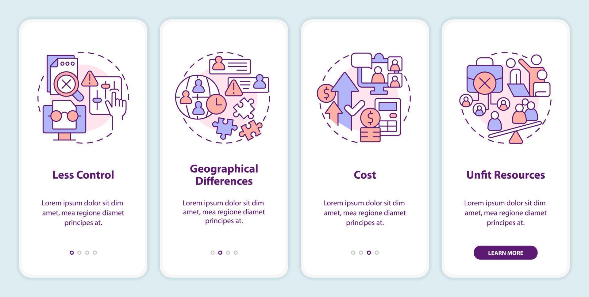 isto pessoal serviço desvantagens onboarding Móvel aplicativo tela. passo a passo 4 passos editável gráfico instruções com linear conceitos. interface do usuário, ux, gui modelo vetor