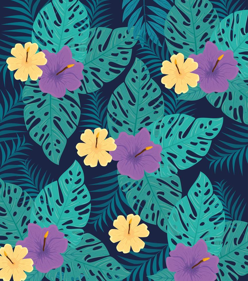 fundo de folhagem tropical com folhas verdes e flores vetor