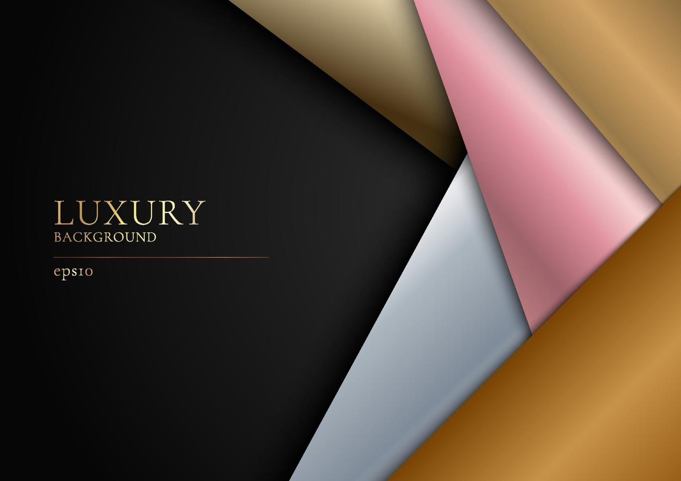 camada abstrata de ouro, prata, ouro rosa sobreposta em design moderno de luxo de fundo preto. vetor