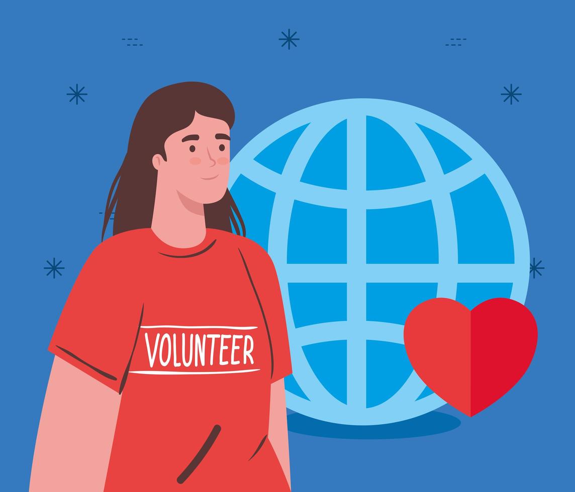 mulher voluntária com conceito de doação globo e coração, caridade e assistência social vetor