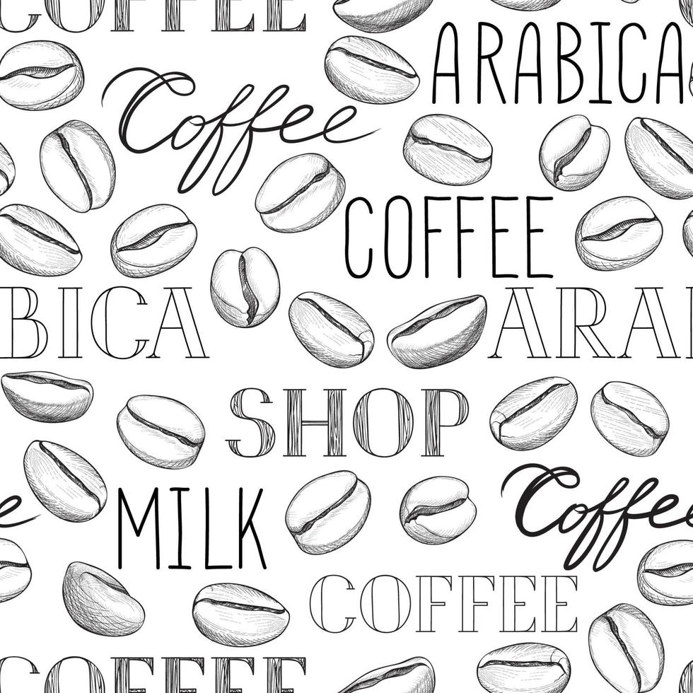 padrão sem emenda de café. grãos de café e letras de fundo de café desenhado à mão vetor