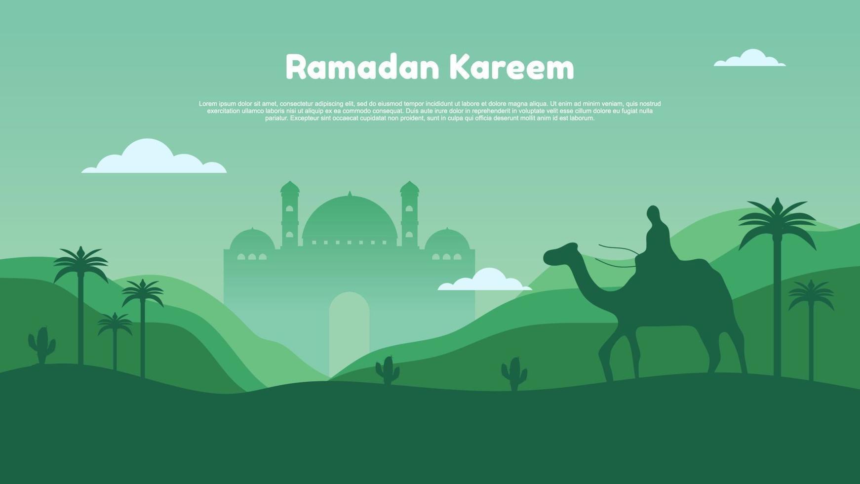 Ramadã kareem com mesquita, lua, floresta e pessoas em camelo. vetor