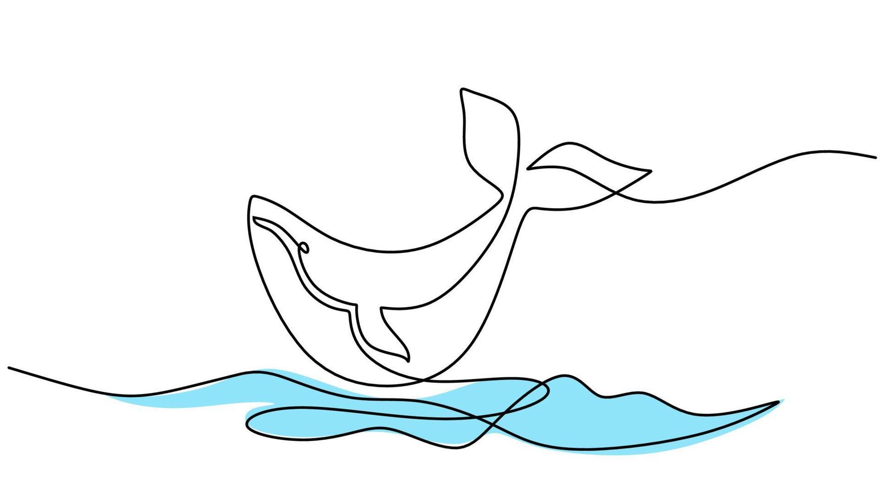1 linha desenhando do pulando baleia isolado em branco fundo vetor