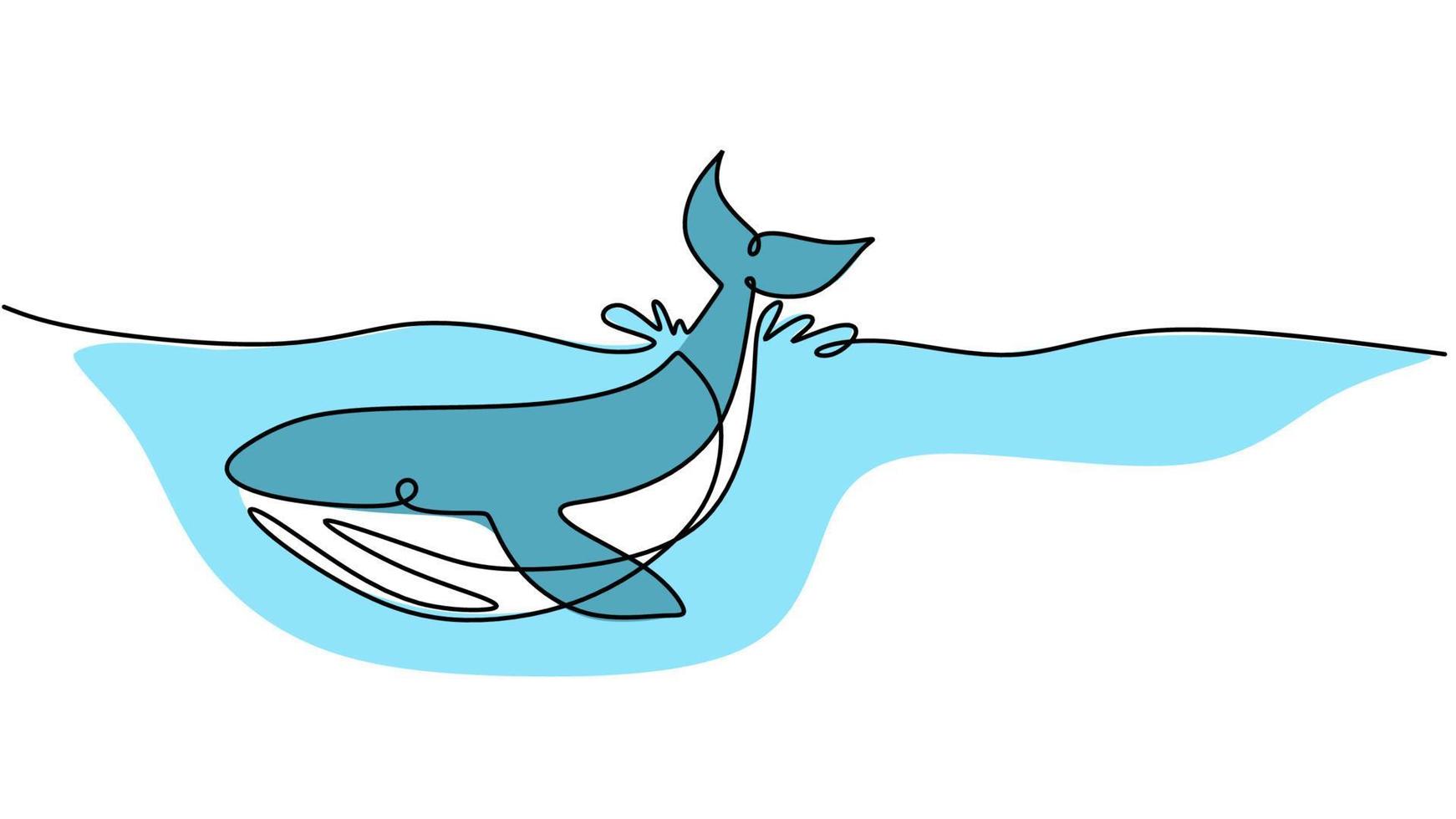 1 linha desenhando do natação baleia isolado em branco fundo vetor