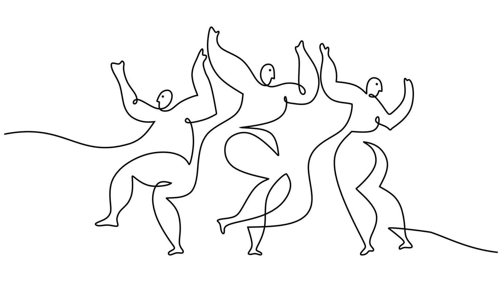 1 solteiro linha desenhando do três dançando pessoas picasso estilo. vetor