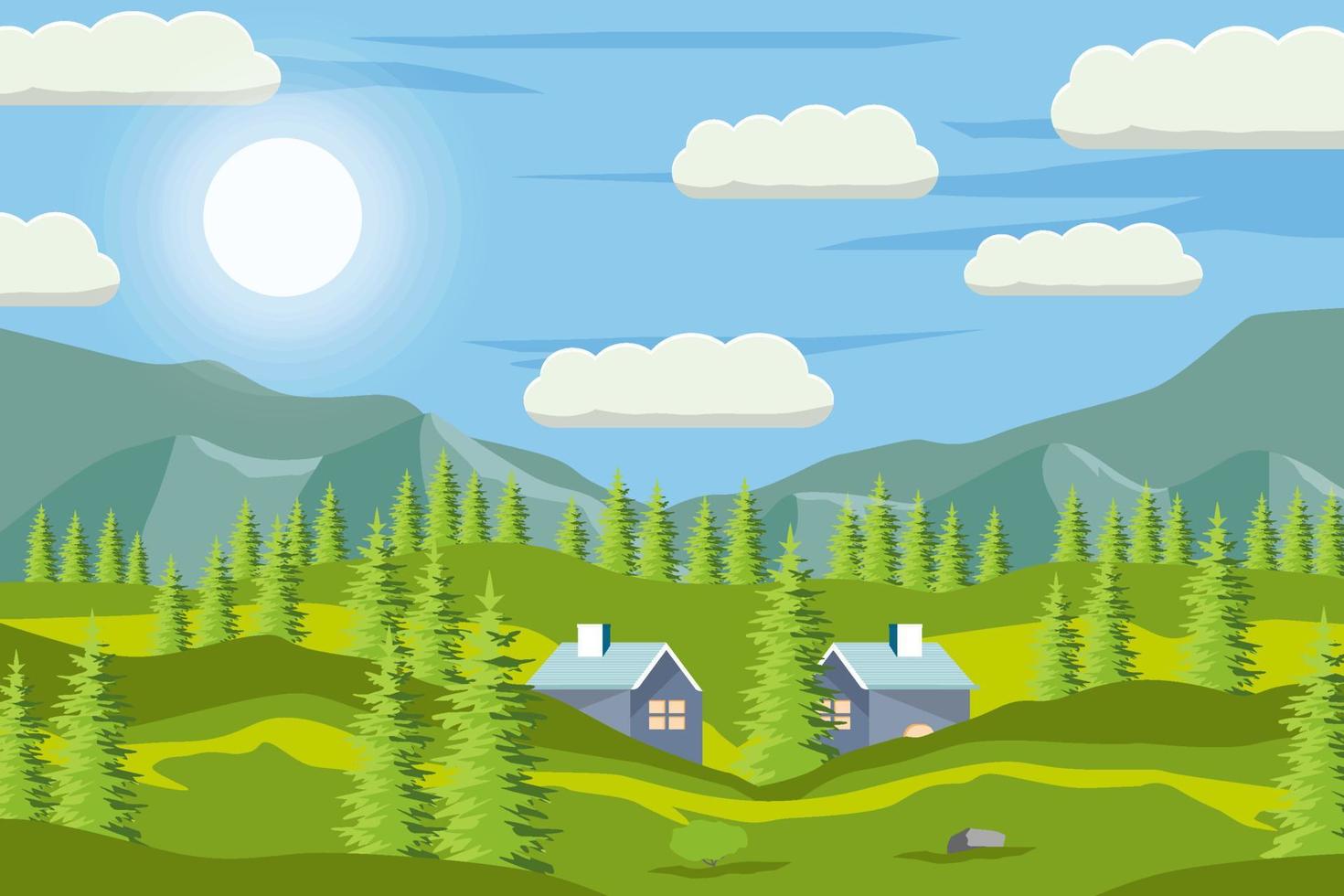 Primavera panorama fundo ilustração com montanha, casa, e árvore vetor