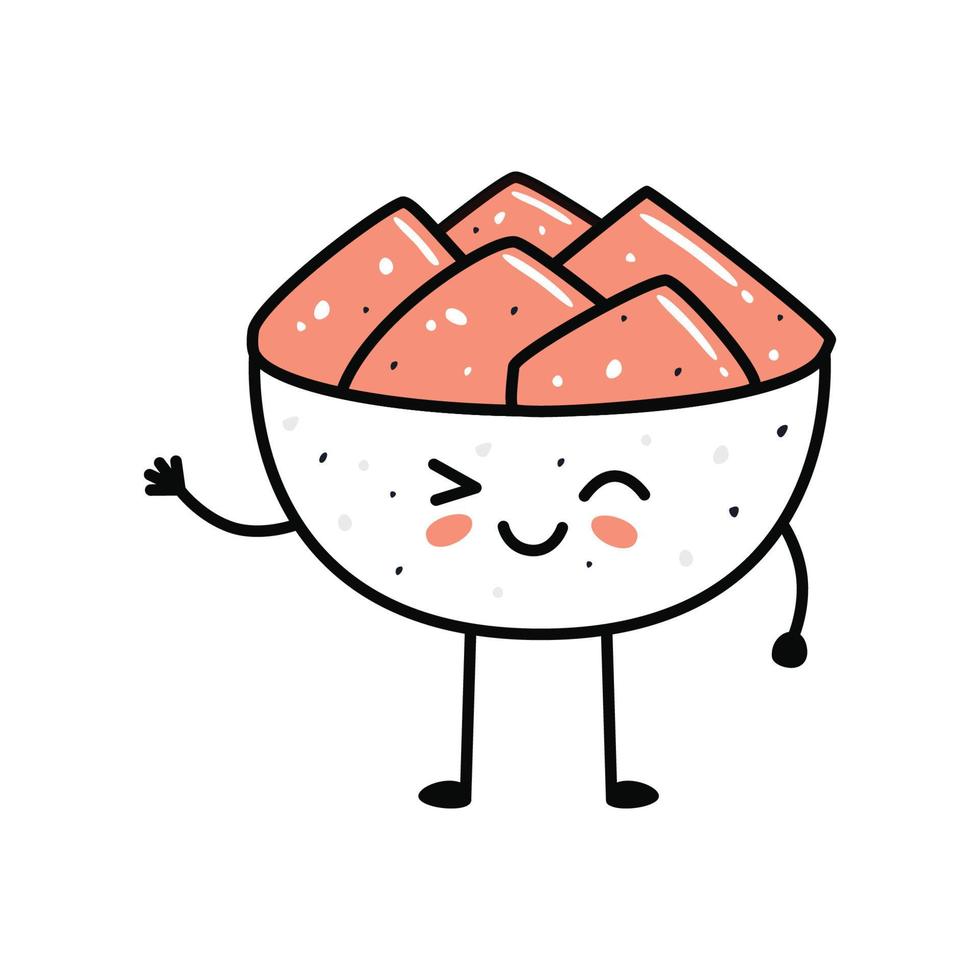 mascote de sushi kawaii em estilo cartoon. tigela de gengibre fofa para menu vetor