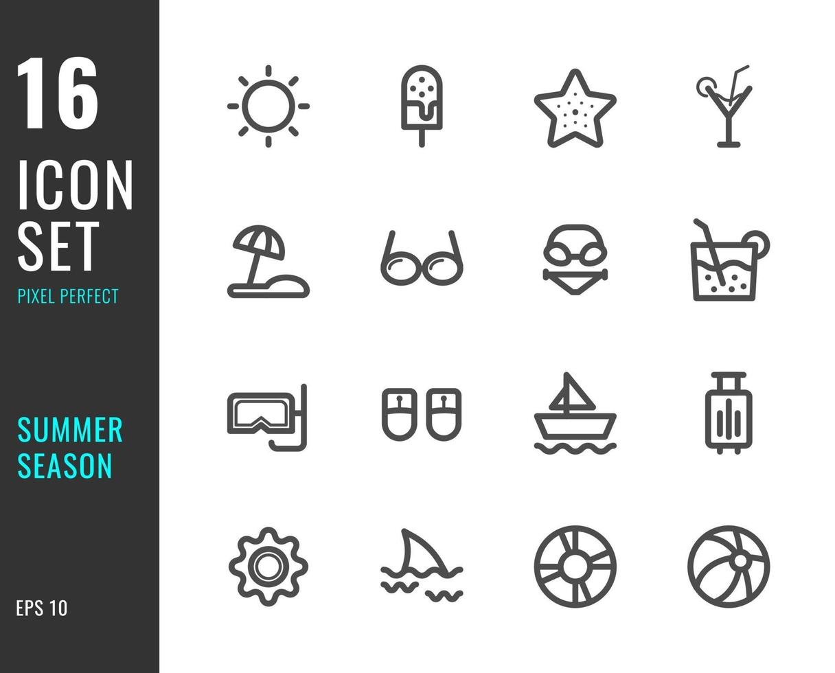 conjunto de 16 ícones da temporada de verão, estilo de linha fina vetor